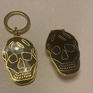 Alexander McQueen Gold and Teo-Tones Blue Skull Keychain and Money Clip